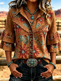 Women's Vintage Floral  Embroidered Casual Ruffle Lapel Shirt