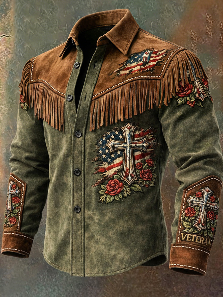 Men's Retro U.S 250 American Eagle Print Western Vintage Tassel Casual Long Sleeve Shirt