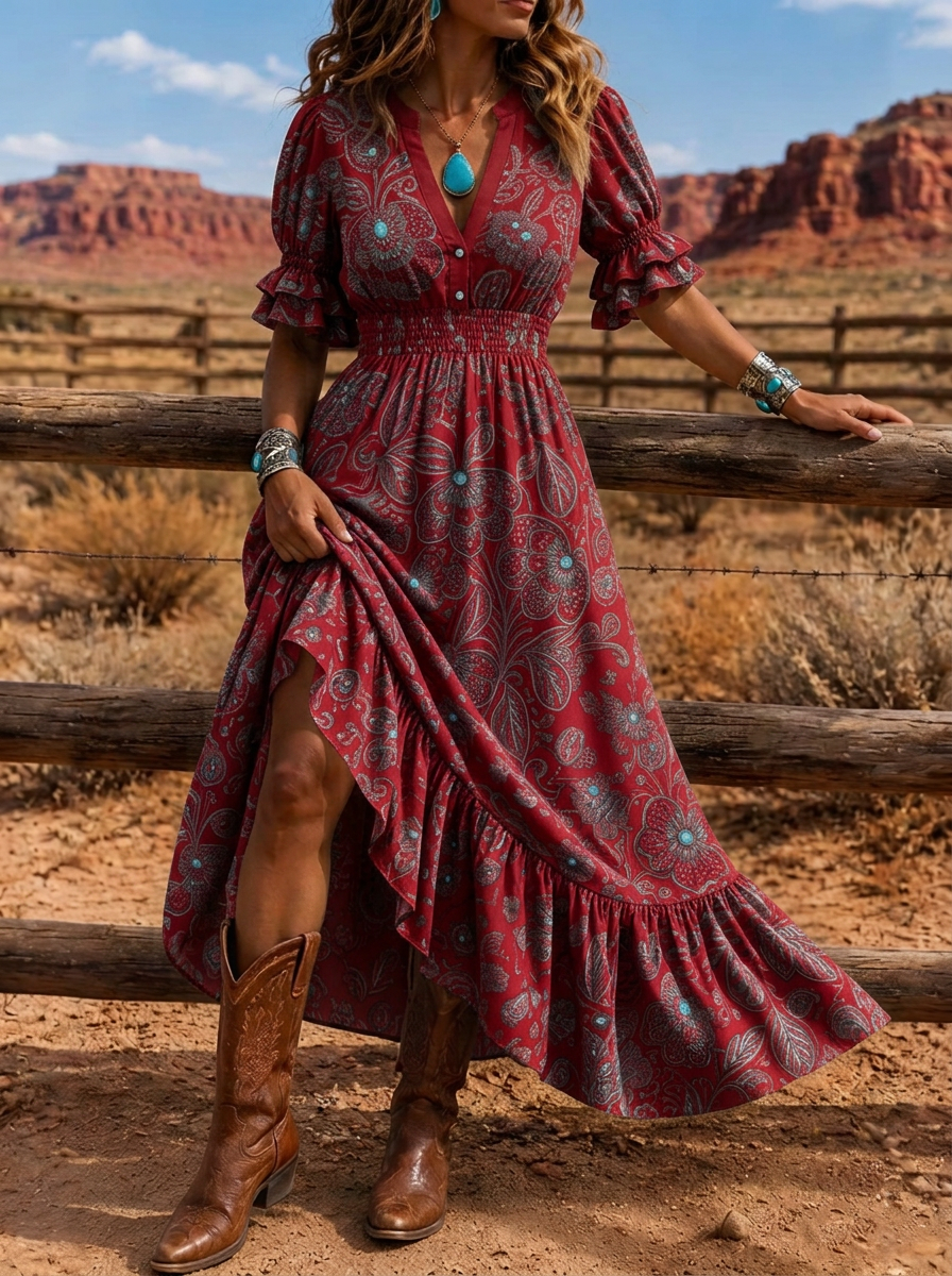 Women's Western Boho Floral Paisley Printed Dress