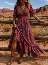Women's Western Boho Floral Paisley Printed Dress