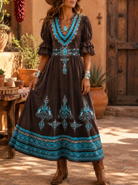 Women's Retro Art Print Washed Cotton Lace Patchwork Midi Dress