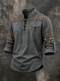 Men's Longhorn Skull Navajo Ethnic Print Washed Lace Up Shirt