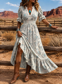 Women's Western Boho Floral Paisley Printed Dress