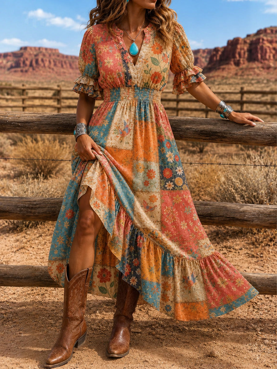 Women's Retro Art Print Washed Cotton Layered Patchwork Midi Dress