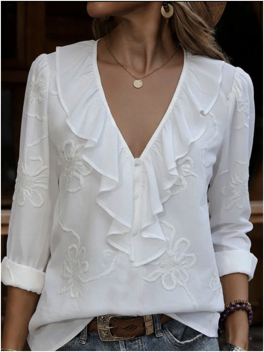 Women's Vintage Embroidered Slub Cotton Shirt