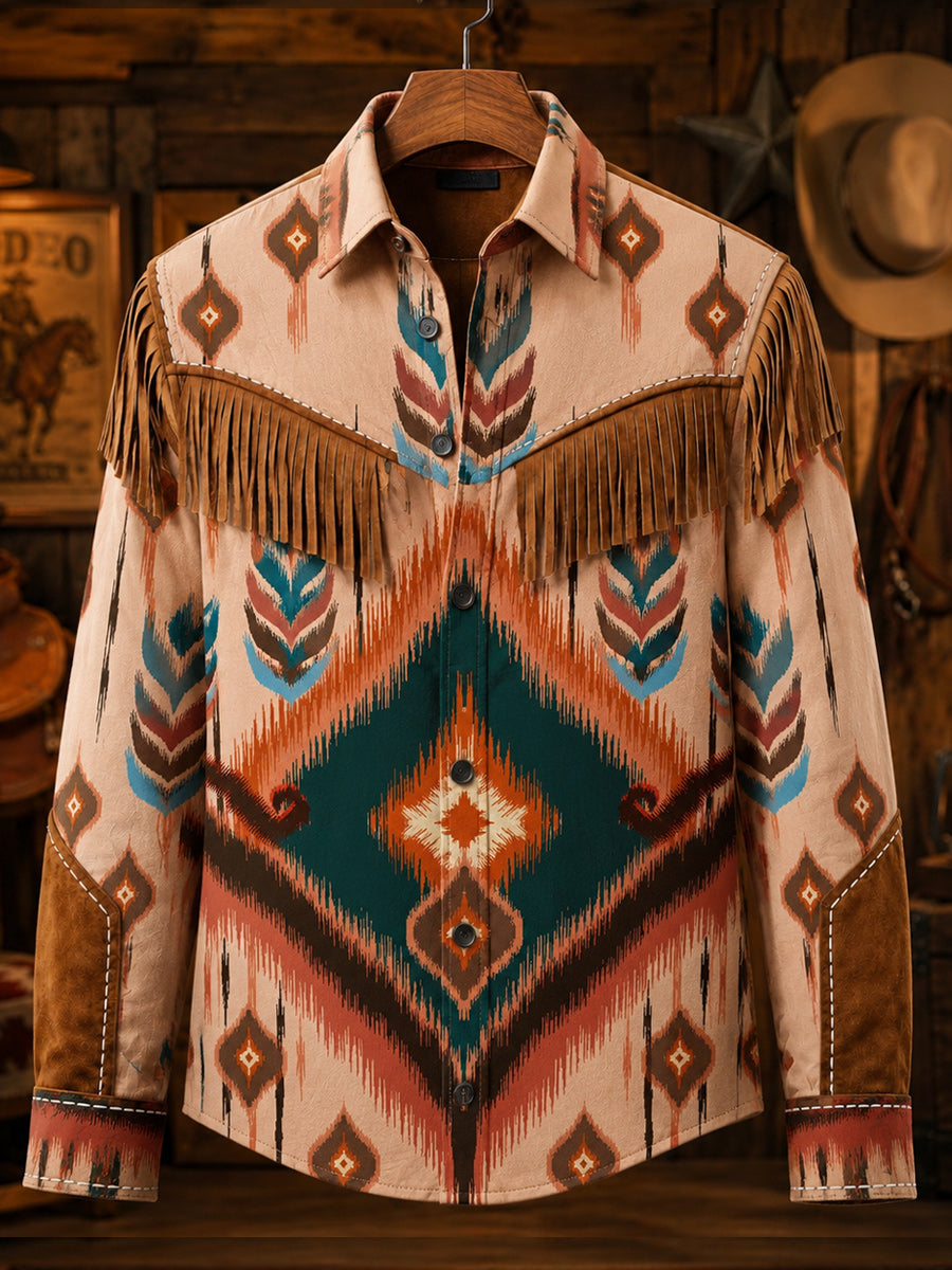 Men's Retro Style Art Print Western Vintage Tassel Casual Long Sleeve Shirt