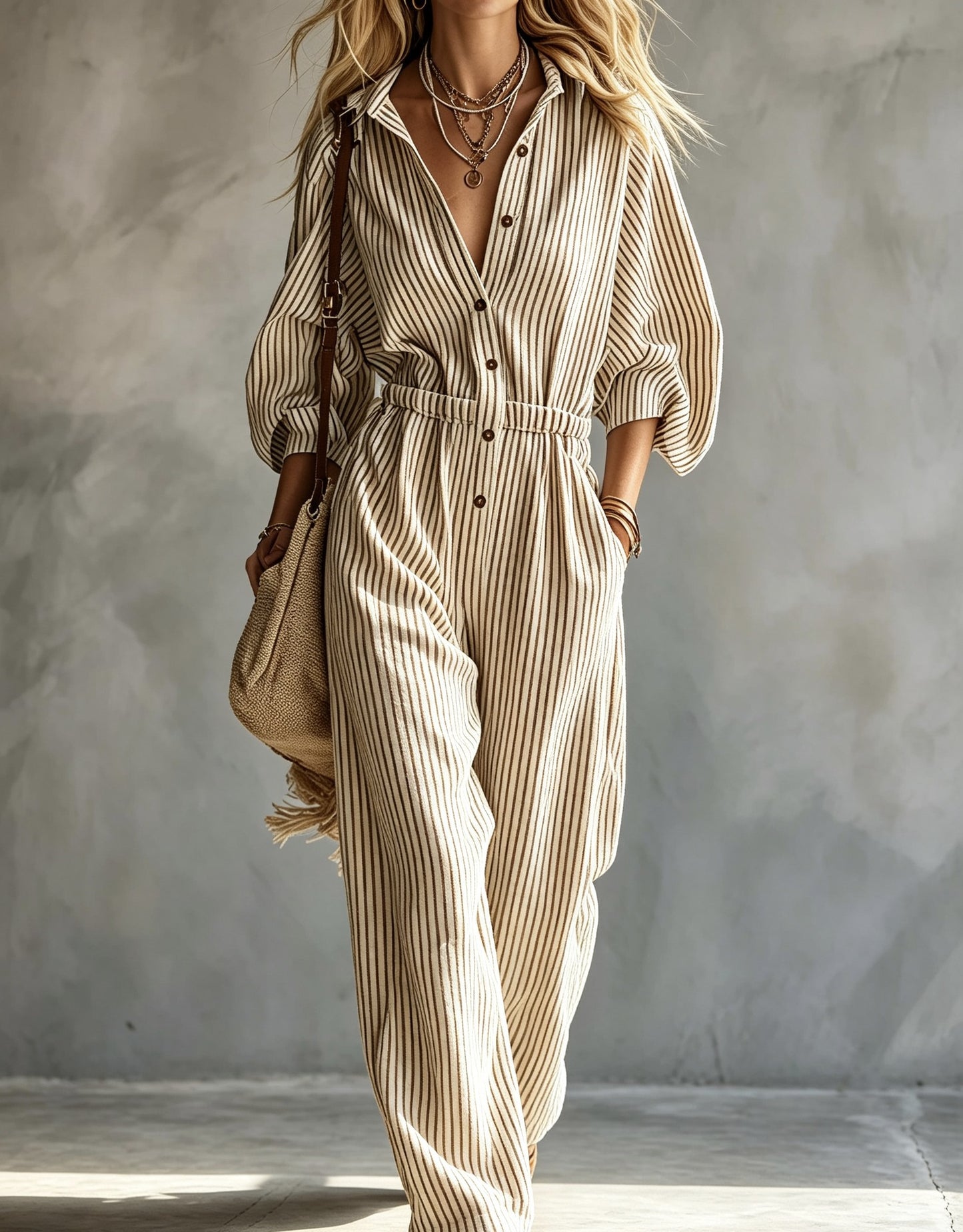 Women's Long Sleeve Striped Casual Jumpsuit