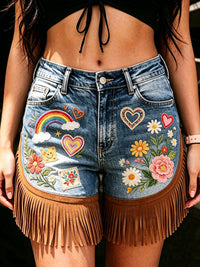 Women's Retro Floral Art Print Casual Leather Fringe Patchwork Pocket Shorts