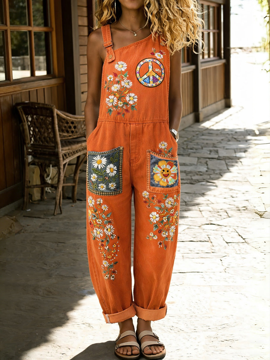 Women's Retro Style Floral Art Print Washed Cotton Denim Patchwork Sleeveless Jumpsuit