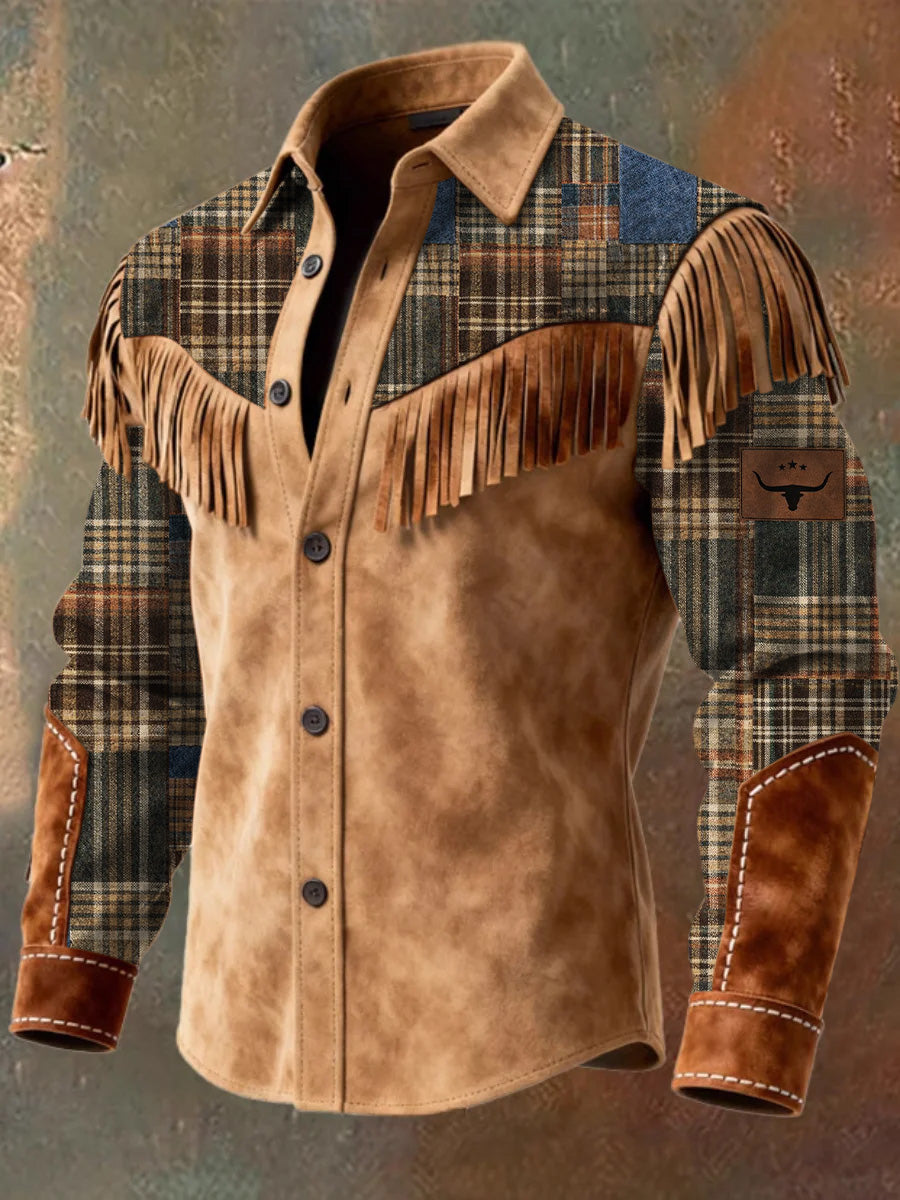 Men's Retro Western Style Art Print Vintage Tassel Casual Long Sleeve Shirt