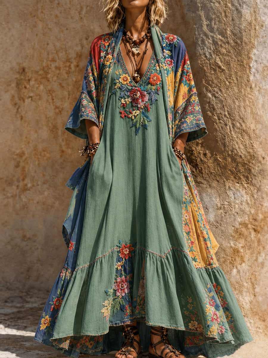 Retro Style Art Printed Vintage Camisole Dress Long Sleeve Two-Piece Maxi Dress