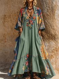 Retro Style Art Printed Vintage Camisole Dress Long Sleeve Two-Piece Maxi Dress