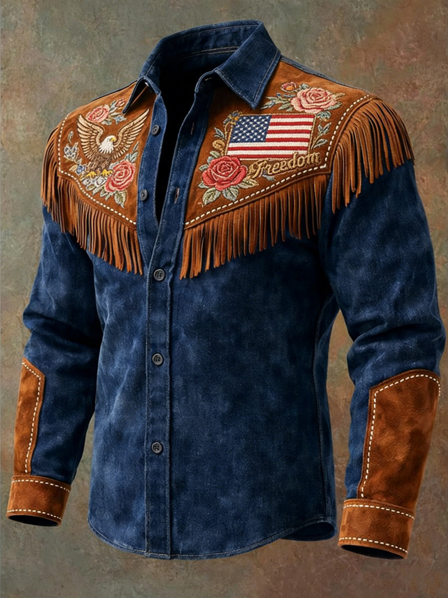 Men's Retro Freedom American Eagle Print Vintage Tassel Casual Long Sleeve Shirt