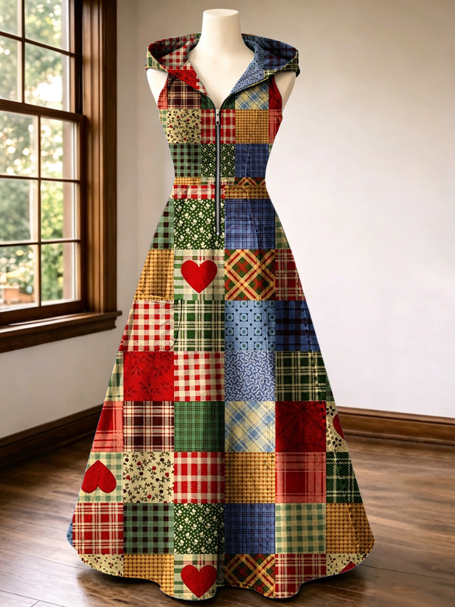 Retro Style Art Print Vintage V-Neck Hooded Zipper Maxi Dress