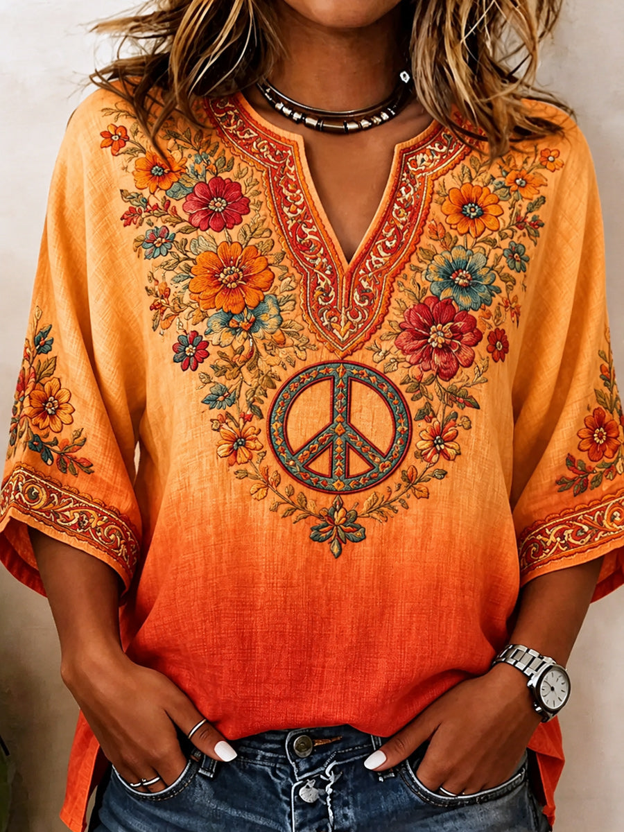 Retro Style Floral Art Printed Vintage V-Neck Casual Elbow Sleeve Top