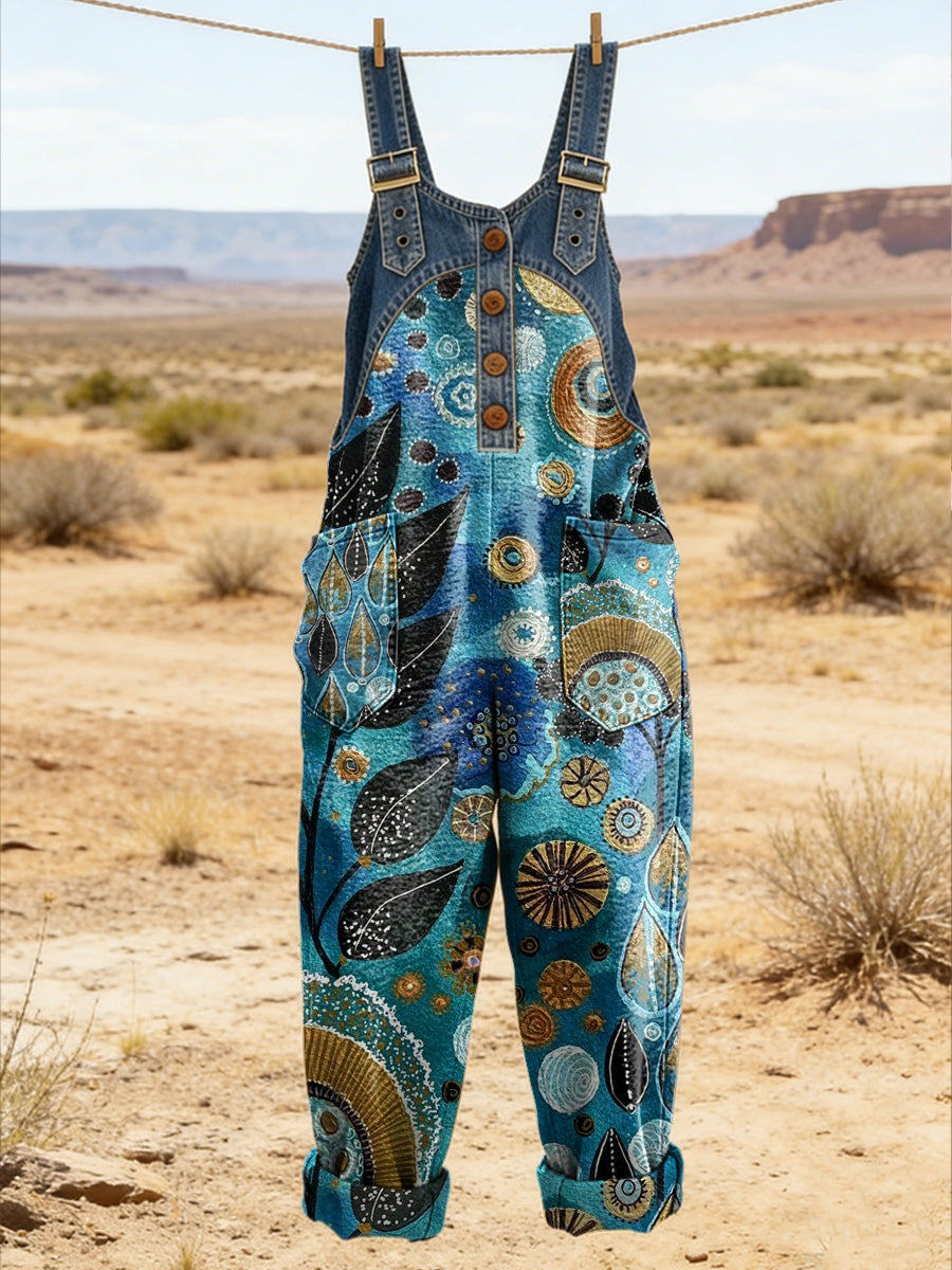 Women's Retro Floral Color-Blocked Art Print Washed Cotton Denim Patchwork Jumpsuit