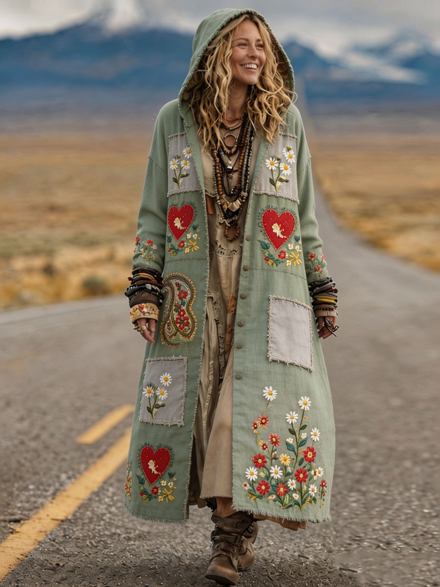 Retro Bohemian Style Art Printed Cotton Buttoned Hooded Casual Loose Long-Sleeved Shirt