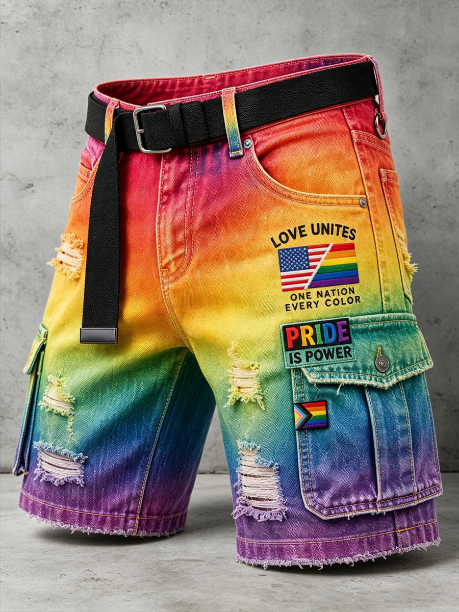 Men's Retro Pride Month Rainbow Art Print Casual Loose Pocket Work Shorts