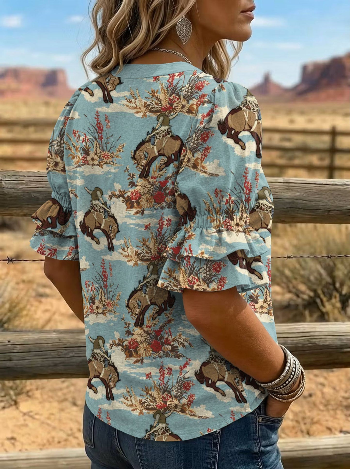 Women's Vintage Floral Print Puff Sleeve Casual Shirt