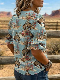 Women's Vintage Floral Print Puff Sleeve Casual Shirt