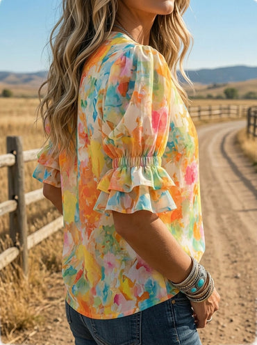 Summer Color Art Print V-neck Puff Sleeve Ruffle Shirt