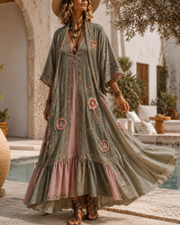 Retro Style Art Printed Vintage Camisole Dress Long Sleeve Two-Piece Maxi Dress