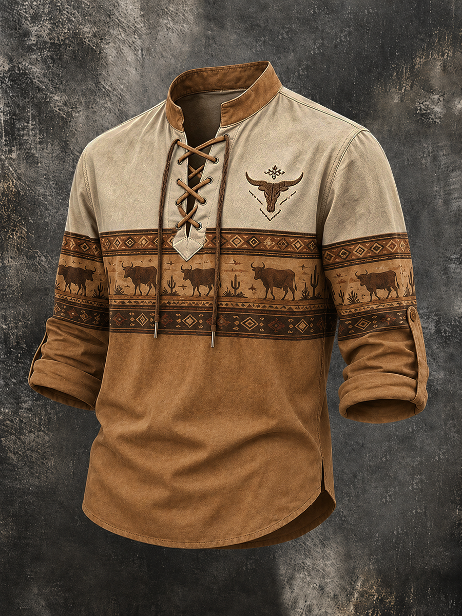 Men's Southwest Bison Tribal Pattern Vintage Lace Up Henley Shirt