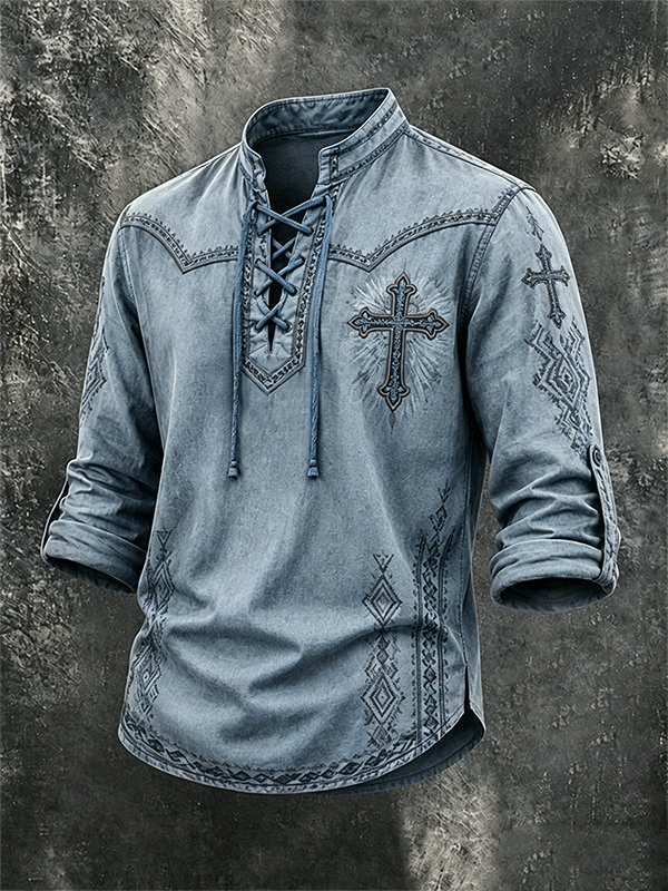 Men's Western Cross Ethnic Pattern Lace Up Vintage Long Sleeve Shirt