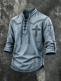 Men's Western Cross Ethnic Pattern Lace Up Vintage Long Sleeve Shirt