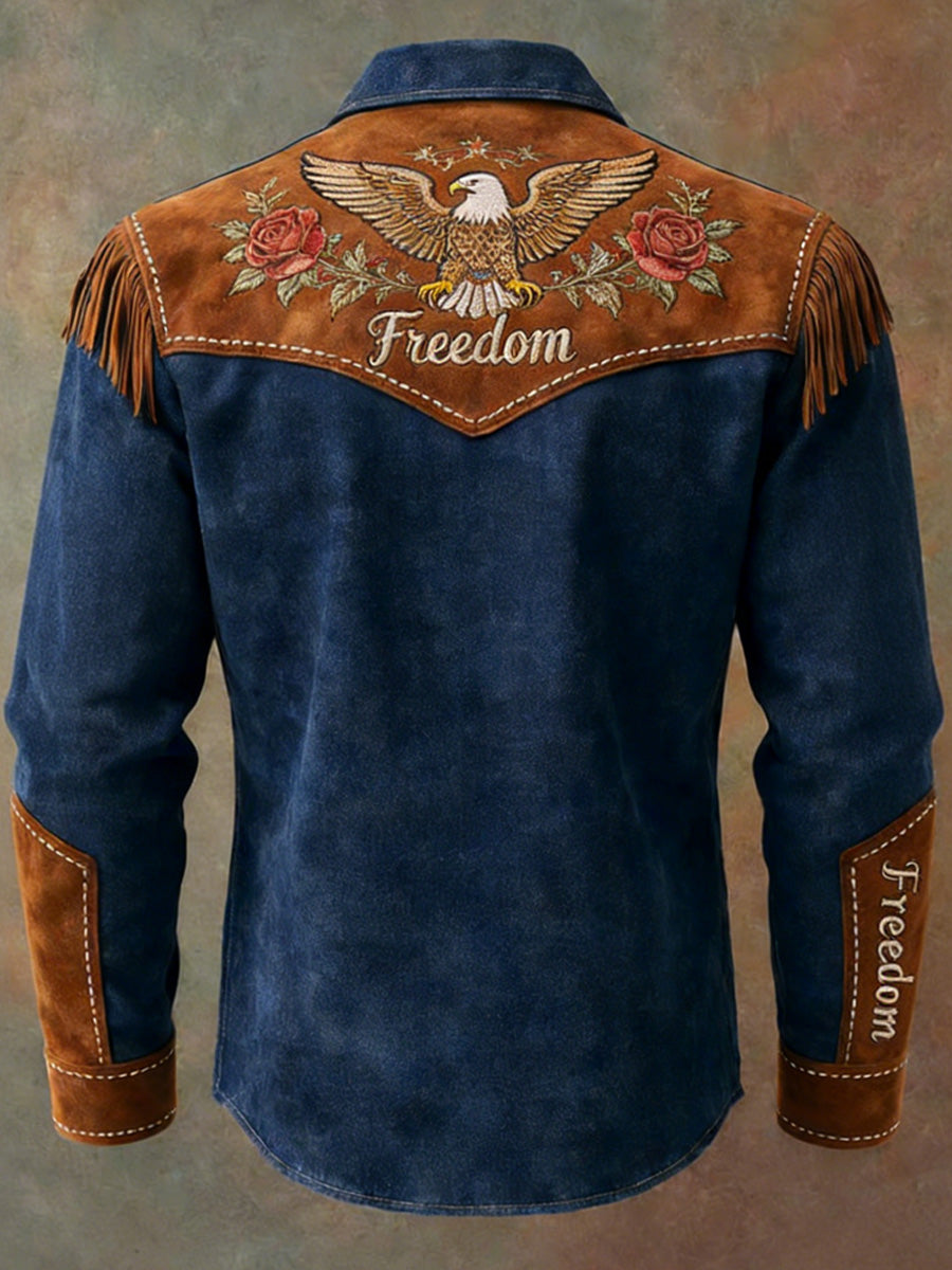 Men's Retro Freedom American Eagle Print Vintage Tassel Casual Long Sleeve Shirt