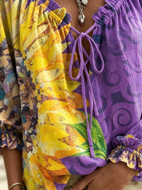 Women's Retro Ethnic Floral Color Block Art Print Casual Long-sleeve V-neck Ruffled Cotton Shirt