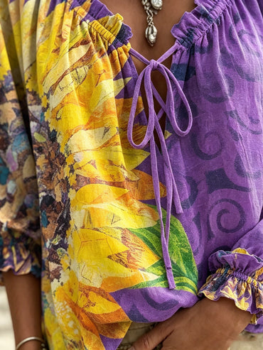 Women's Retro Ethnic Floral Color Block Art Print Casual Long-sleeve V-neck Ruffled Cotton Shirt