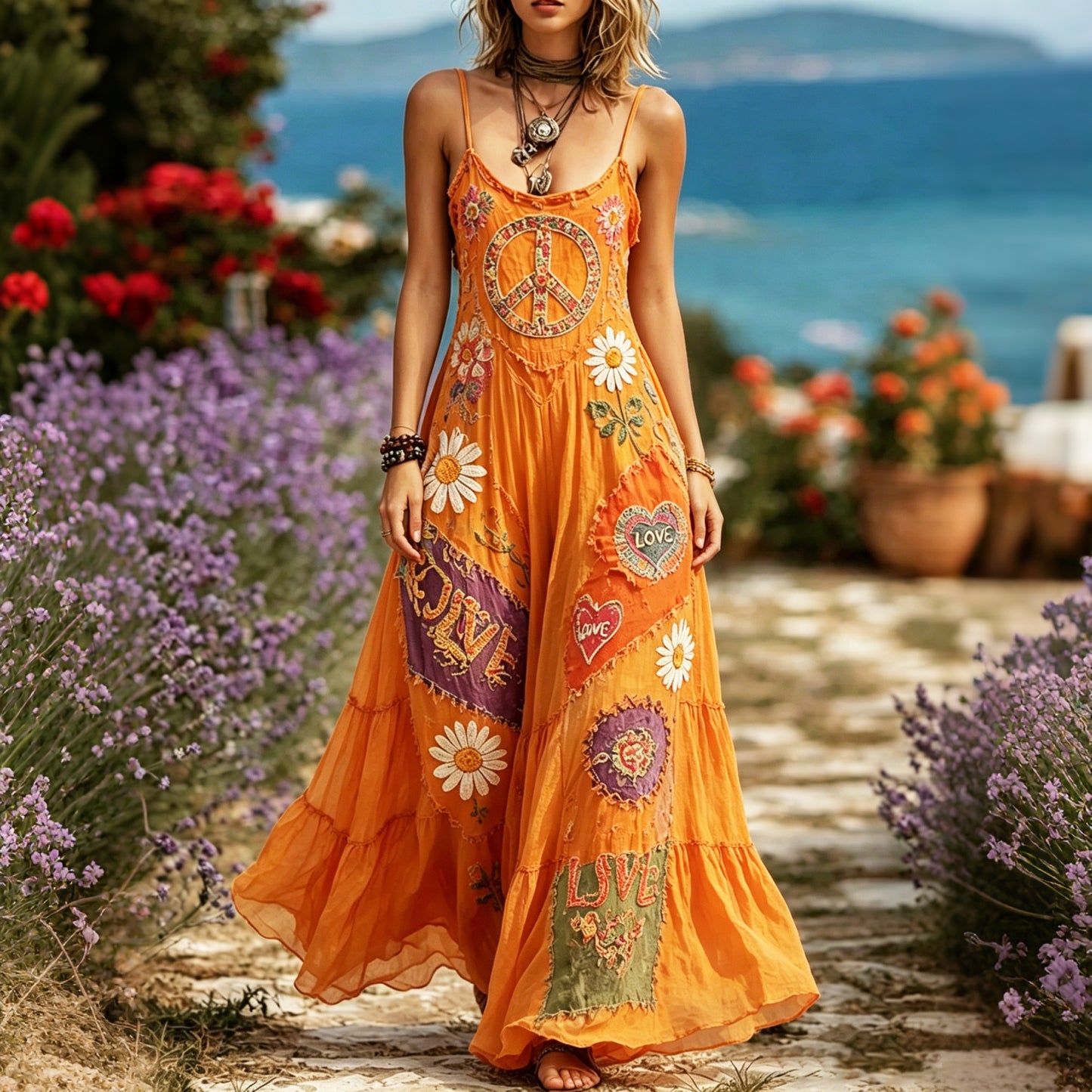 Women's Hippie Peace Sign Daisy Floral Patchwork Sleeveless Dress