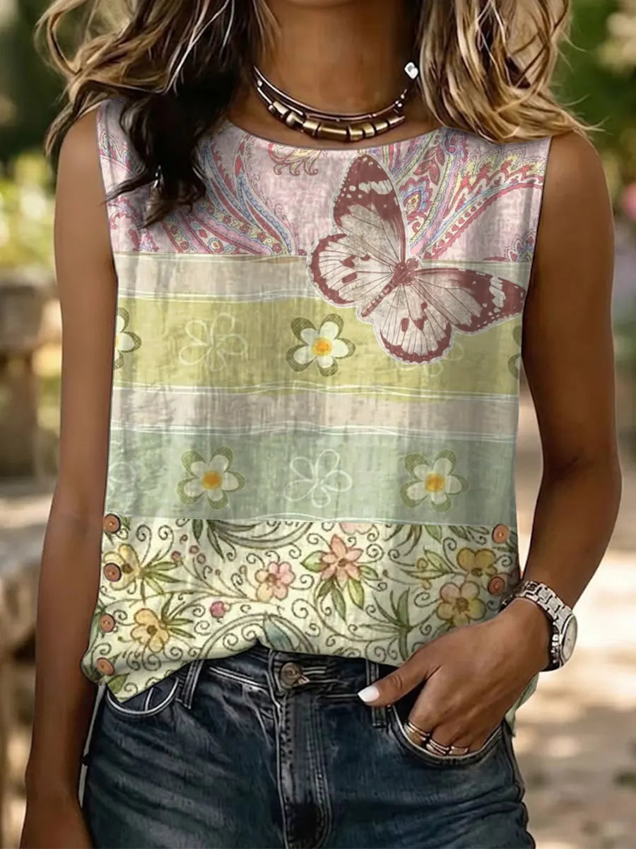Ethnic Patchwork Flowers Butterfly Paisley Women's Casual Button-down Tank Top