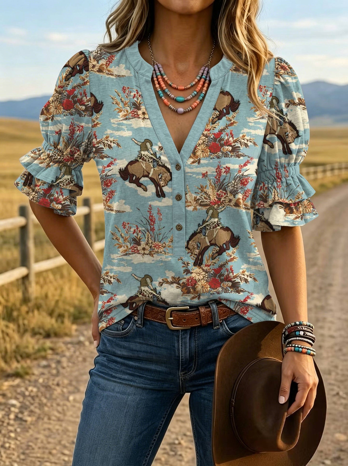 Women's Vintage Floral Print Puff Sleeve Casual Shirt