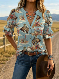 Women's Vintage Floral Print Puff Sleeve Casual Shirt