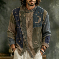 Men's Vintage Patchwork Hippie Sun And Moon Art Print Flowy Linen Blend Casual Buttons Shirts