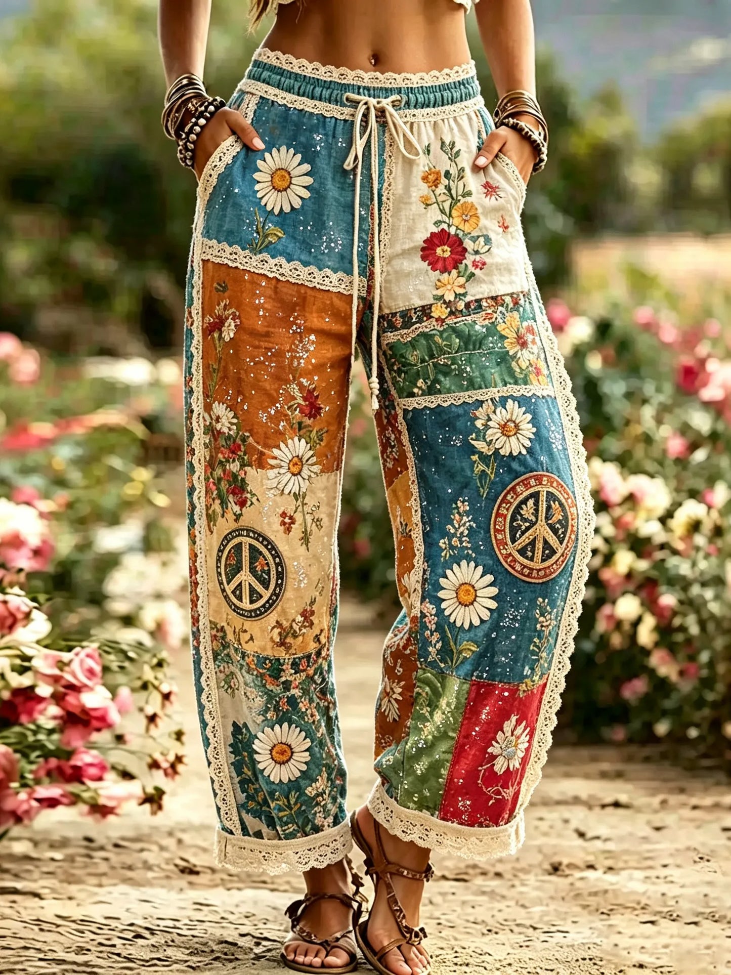 Women's Vacation Retro Hippie Floral Color Block Linen Pants