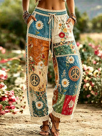 Women's Vacation Retro Hippie Floral Color Block Linen Pants