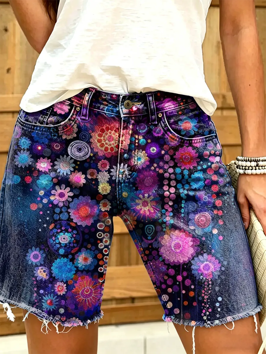 Women's Mandala Floral Print Frayed Denim Bermuda Shorts