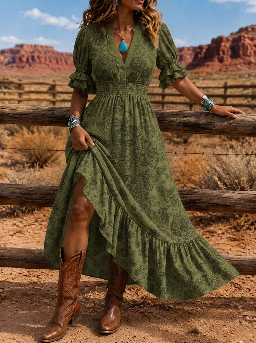 Women's Western Boho Floral Paisley Printed Dress