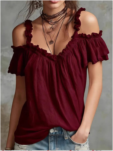 Women's Boho V-Neck Tiered Ruffle Peplum Blouse Top