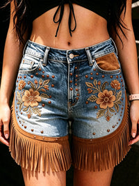 Women's Retro Floral Art Print Casual Leather Fringe Patchwork Pocket Shorts