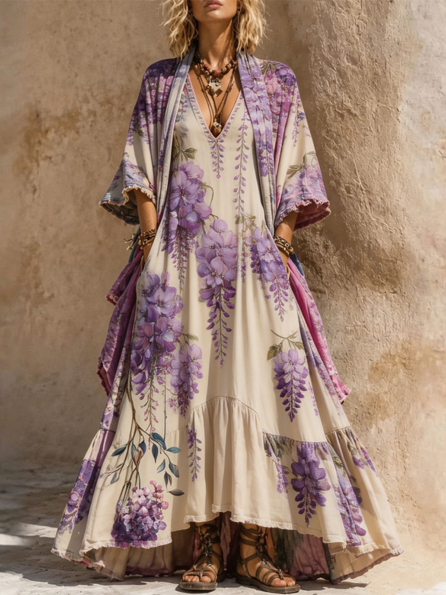 Retro Style Art Printed Vintage Camisole Dress Long Sleeve Two-Piece Maxi Dress