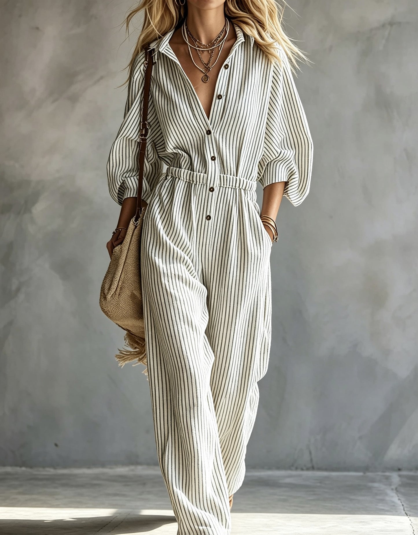 Women's Long Sleeve Striped Casual Jumpsuit