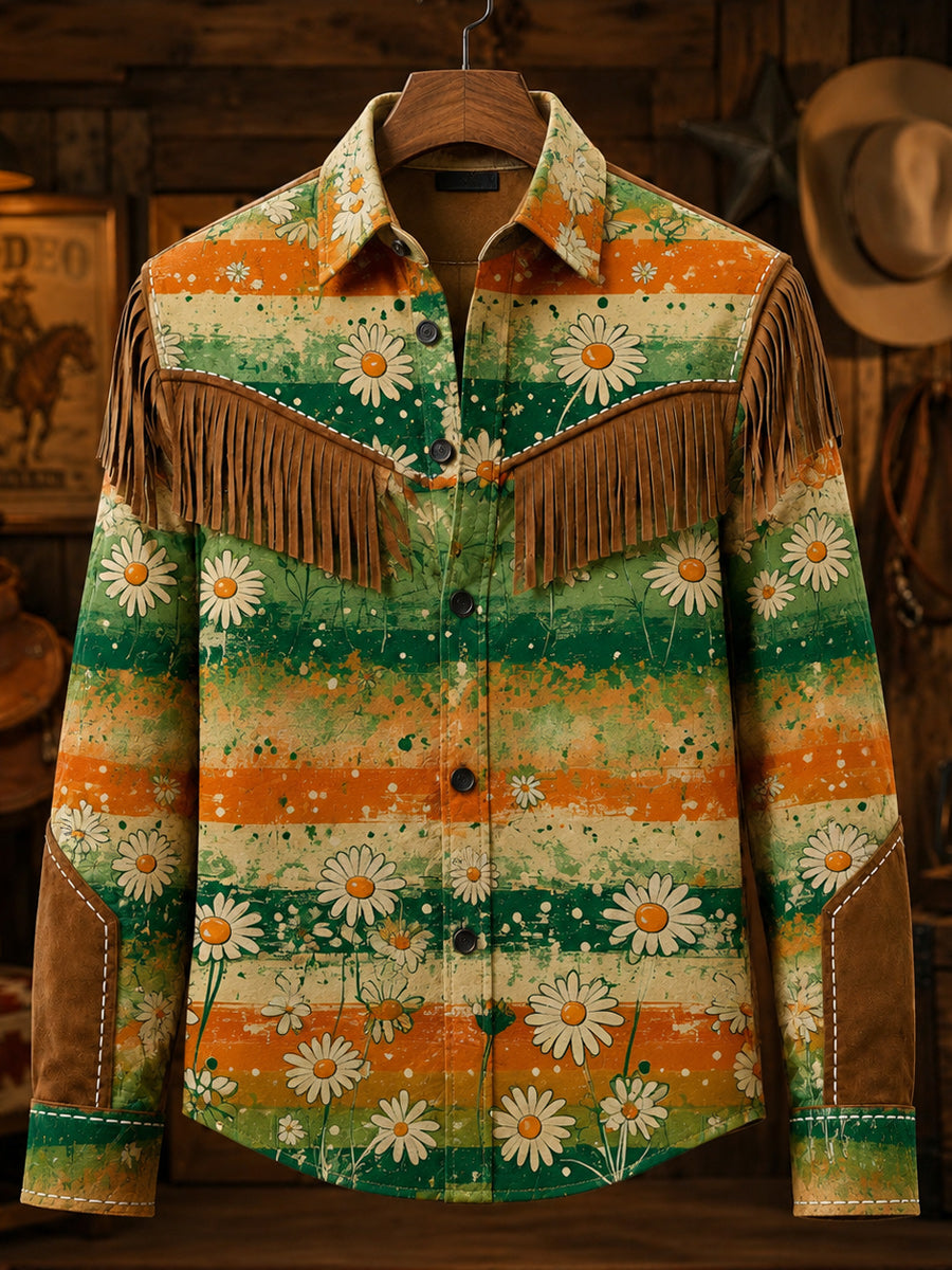 Men's Retro Style Art Print Western Vintage Tassel Casual Long Sleeve Shirt
