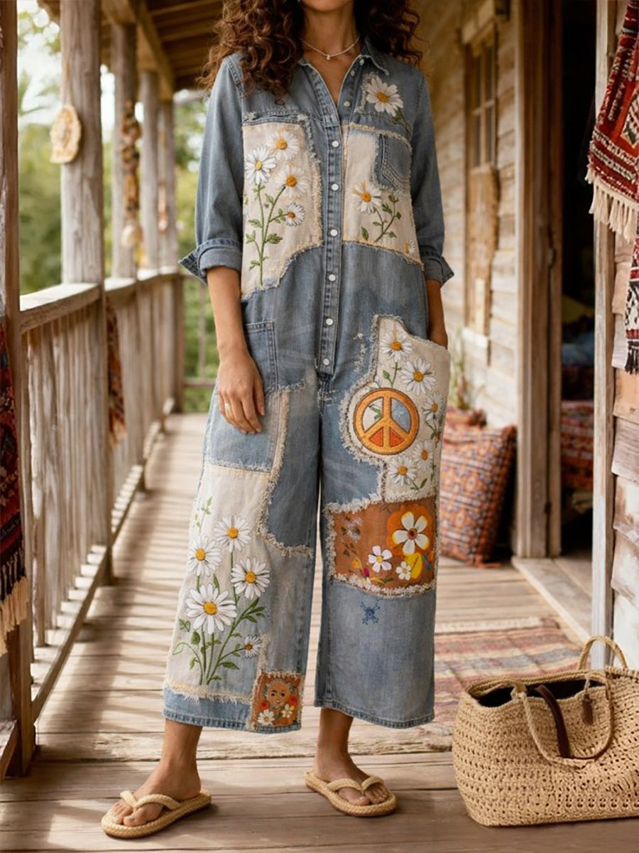 Women's Retro Floral Color-Blocked Art Print Long Sleeves Patchwork Jumpsuit