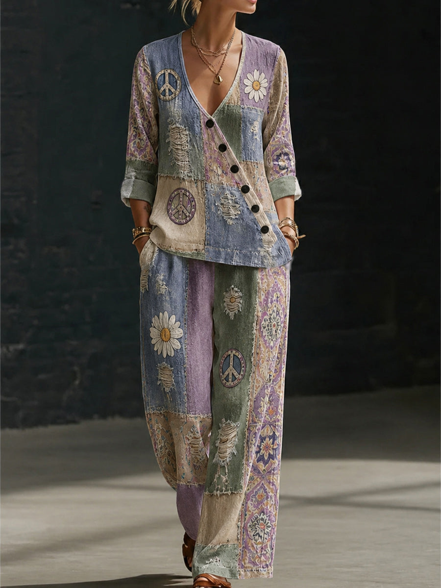 Retro Style Design Art Printed V-Neck Long-Sleeved Top And Pants Set