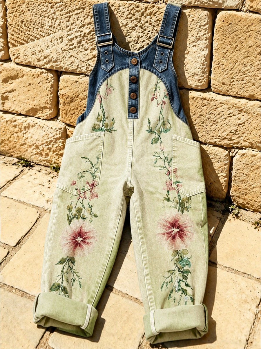 Women's Retro Style Art Print Washed Cotton Denim Patchwork Jumpsuit