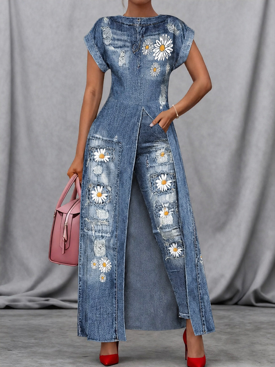 Retro Style Art Print Vintage Long Split Shirts Dress Skinny Pants Two-Piece Set